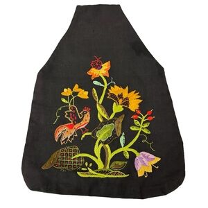 Vintage Black Floral Bird Cross Stitch Embroidered Cottagecore Loop Handle Purse